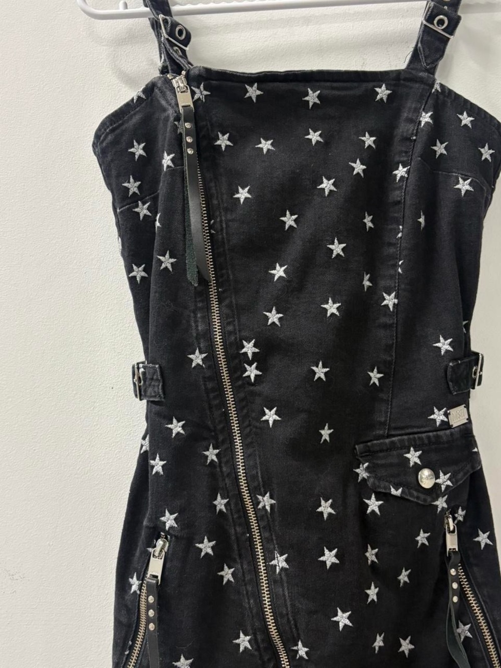 Black Star-Print denim Dress with Asymmetric Zip - Picture 5 of 8